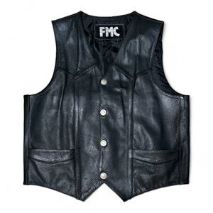 FMC Black Leather Vest Buffalo Nickel Coin Buttons size 46 Mens Biker Motorcycle